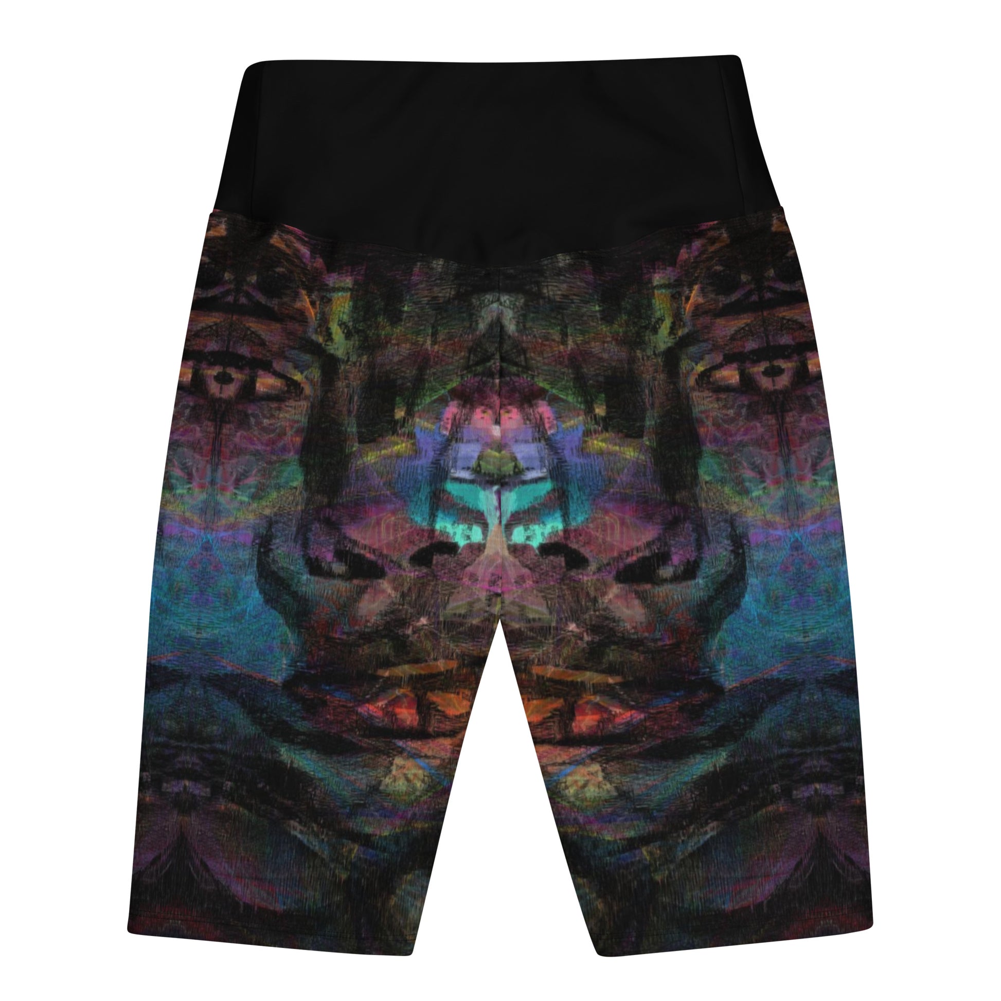 Women's Chromatic Dreams biker shorts with abstract colorful design, high-waisted butt-lifting fit, hidden pocket, made for workouts or streetwear by HipYfi. back