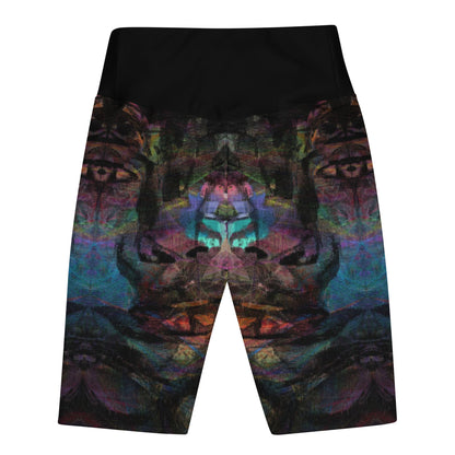 Women's Chromatic Dreams biker shorts with abstract colorful design, high-waisted butt-lifting fit, hidden pocket, made for workouts or streetwear by HipYfi. back