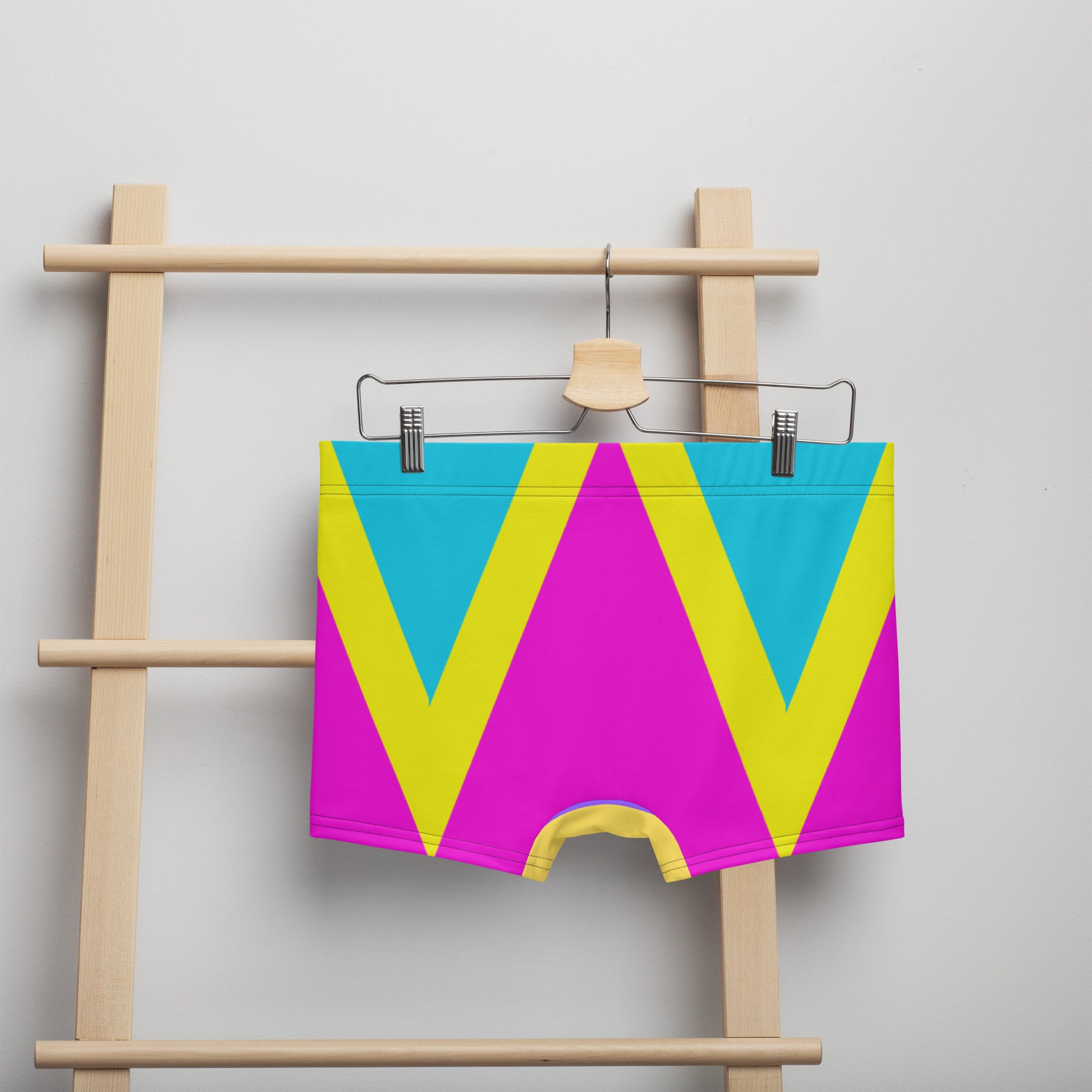 Men’s geometric color block boxer briefs in magenta, yellow, and lavender – Hipyfi Comfort Underwear. Back