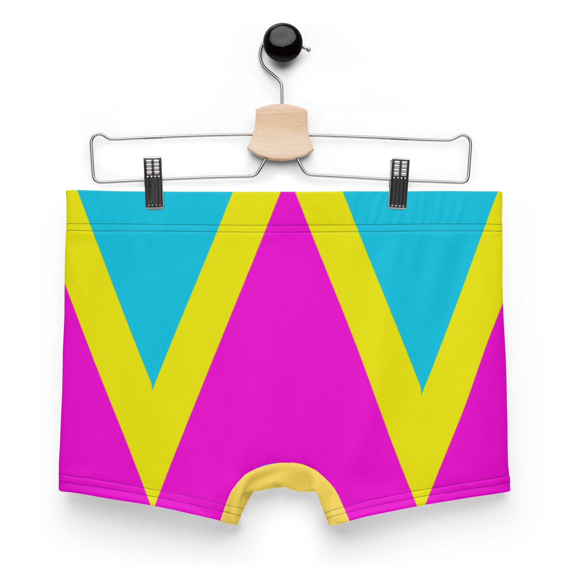 Men’s geometric color block boxer briefs in magenta, yellow, and lavender – Hipyfi Comfort Underwear. Back-2