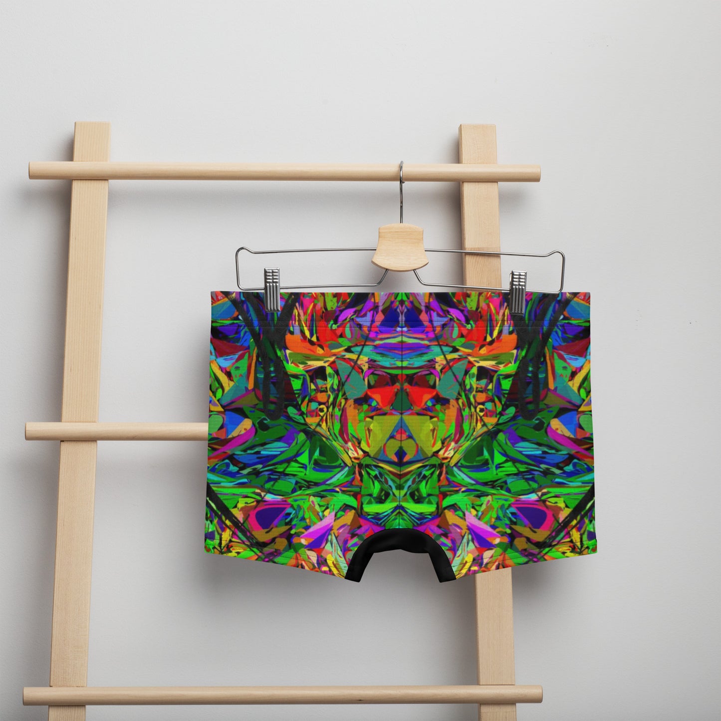 Men's abstract print boxer briefs with vibrant neon colors and black brushstroke design – Hipyfi Neon Mythos collection. Back