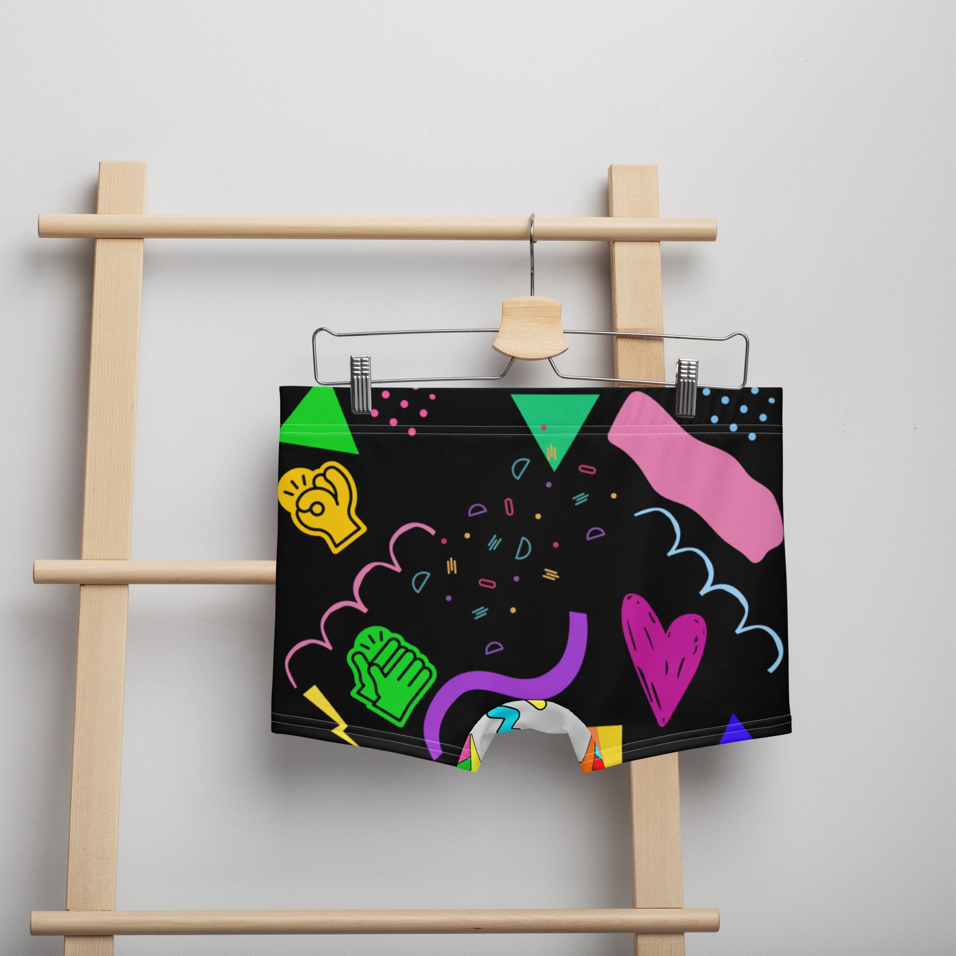 Men’s 80s style boxer briefs with colorful retro Memphis design – Hipyfi Clothes & Design. Back