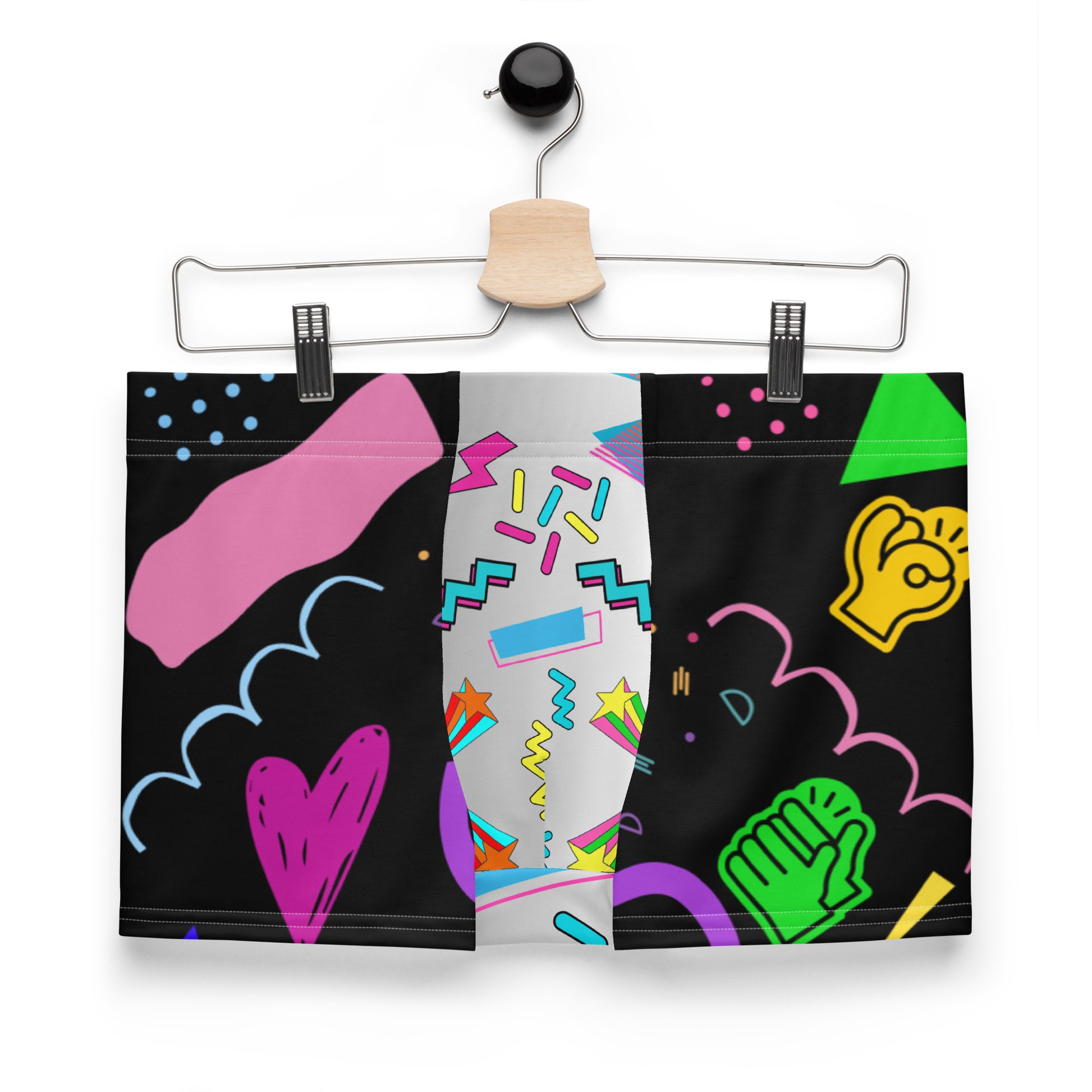 Men’s 80s style boxer briefs with colorful retro Memphis design – Hipyfi Clothes & Design. Front-2