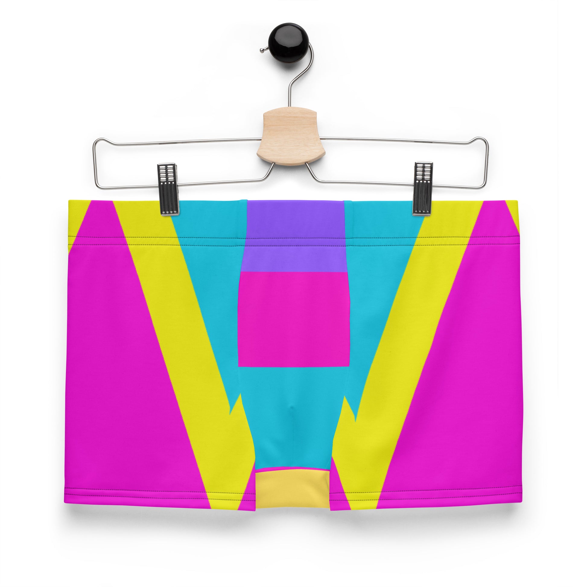 Men’s geometric color block boxer briefs in magenta, yellow, and lavender – Hipyfi Comfort Underwear. Front-2
