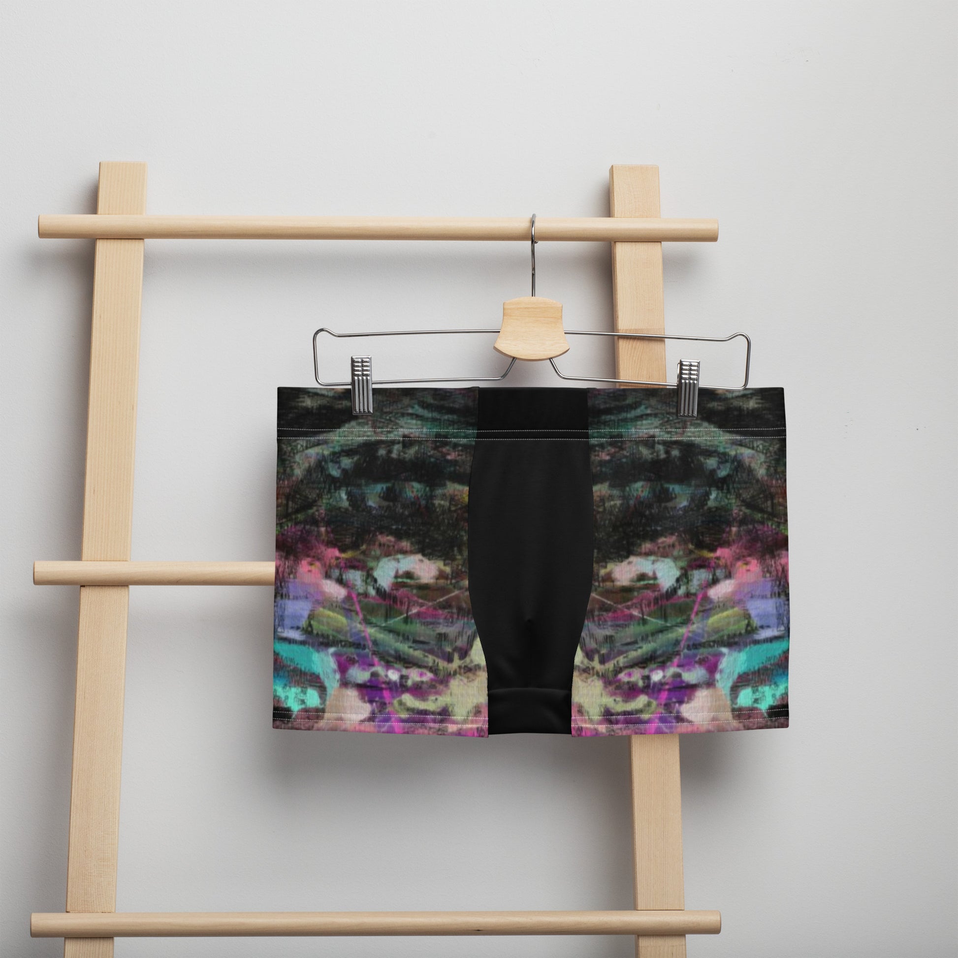 Men’s boxer briefs with vibrant abstract print in swirling brushstrokes. Soft stretch fabric, mid-rise fit – Hipyfi Clothes & Design. Front