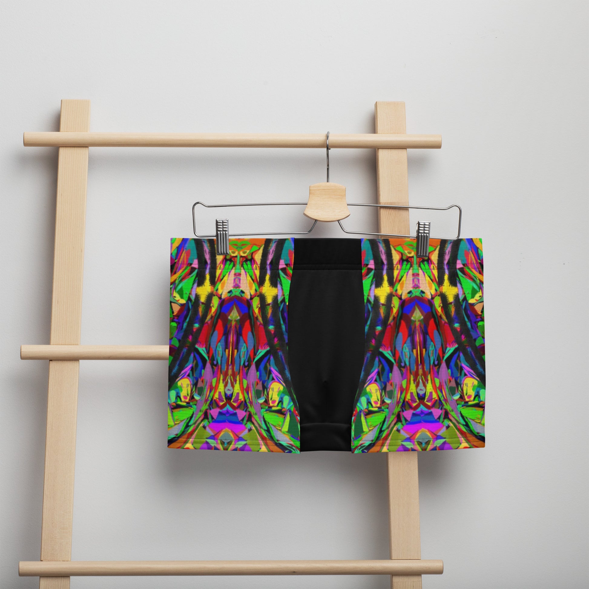 Men's abstract print boxer briefs with vibrant neon colors and black brushstroke design – Hipyfi Neon Mythos collection. Front