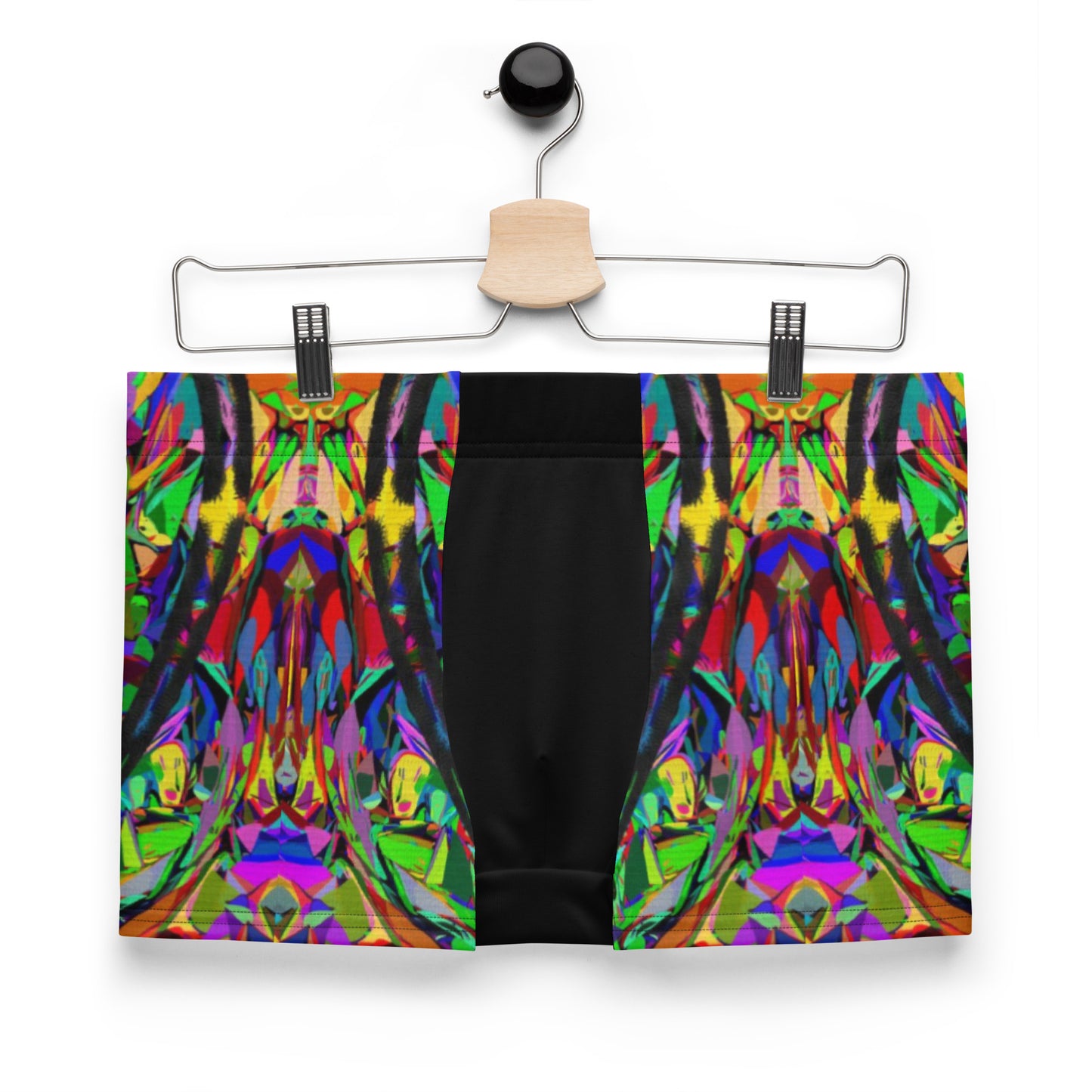 Men's abstract print boxer briefs with vibrant neon colors and black brushstroke design – Hipyfi Neon Mythos collection. Front-2