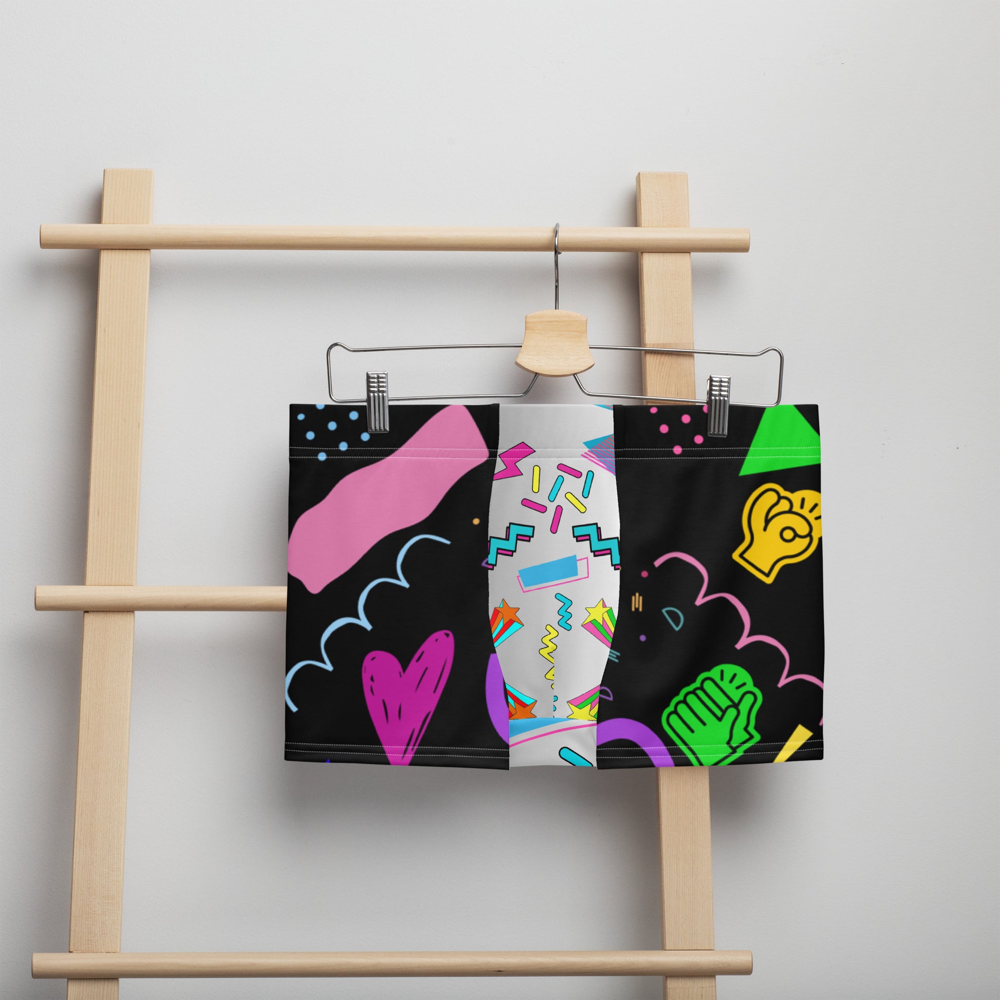 Men’s 80s style boxer briefs with colorful retro Memphis design – Hipyfi Clothes & Design. Front