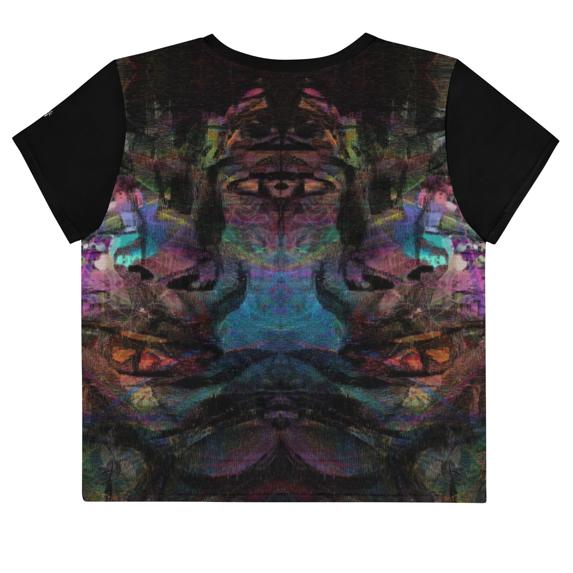 Women's abstract print crop tee with vibrant purple, blue, and orange brushstroke designs, styled with high-waisted jeans – sustainable made-to-order fashion by Hipyfi. back-3