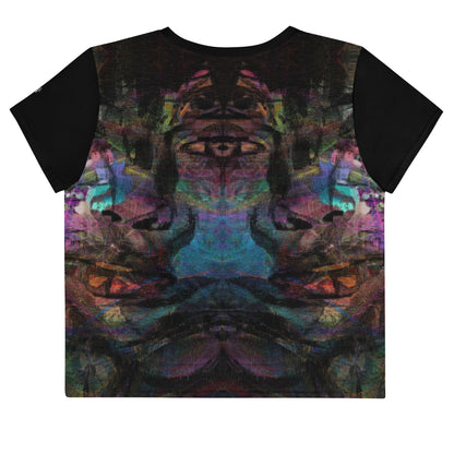 Women's abstract print crop tee with vibrant purple, blue, and orange brushstroke designs, styled with high-waisted jeans – sustainable made-to-order fashion by Hipyfi. back-3