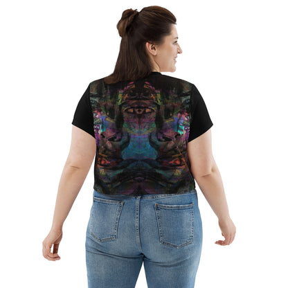 Women's abstract print crop tee with vibrant purple, blue, and orange brushstroke designs, styled with high-waisted jeans – sustainable made-to-order fashion by Hipyfi. back-2