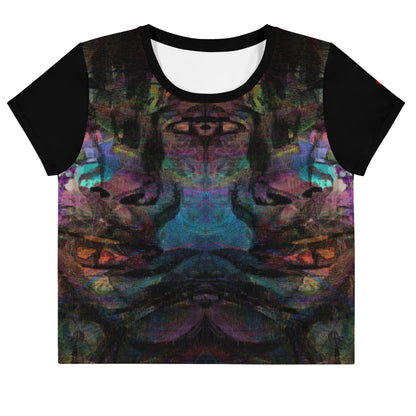 Women's abstract print crop tee with vibrant purple, blue, and orange brushstroke designs, styled with high-waisted jeans – sustainable made-to-order fashion by Hipyfi. front-3
