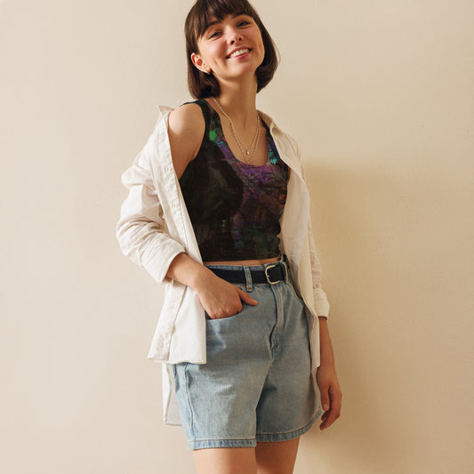 Chromatic Dreams Crop Top with vibrant patterns and abstract art. Features body-hugging fit, four-way stretch fabric, and eco-friendly design by Hipyfi. front