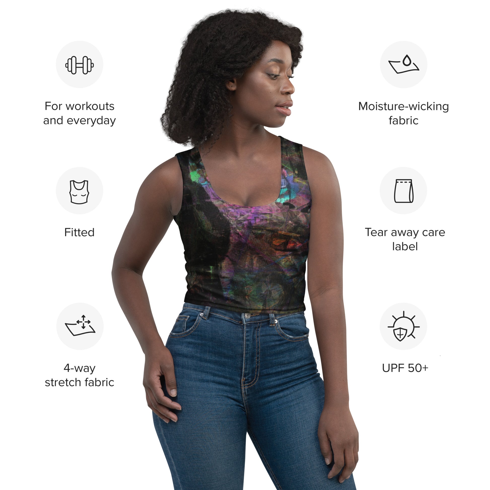 Chromatic Dreams Crop Top with vibrant patterns and abstract art. Features body-hugging fit, four-way stretch fabric, and eco-friendly design by Hipyfi. product-info