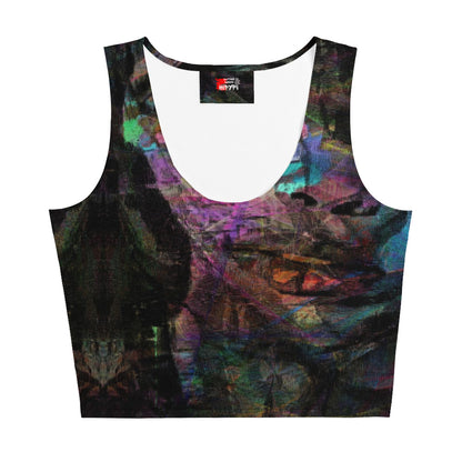 Chromatic Dreams Crop Top with vibrant patterns and abstract art. Features body-hugging fit, four-way stretch fabric, and eco-friendly design by Hipyfi. front-3