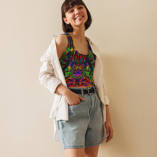Women's Neon Mythos Abstract Crop Top by Hipyfi – Colorful streetwear with bold multicolor print Front