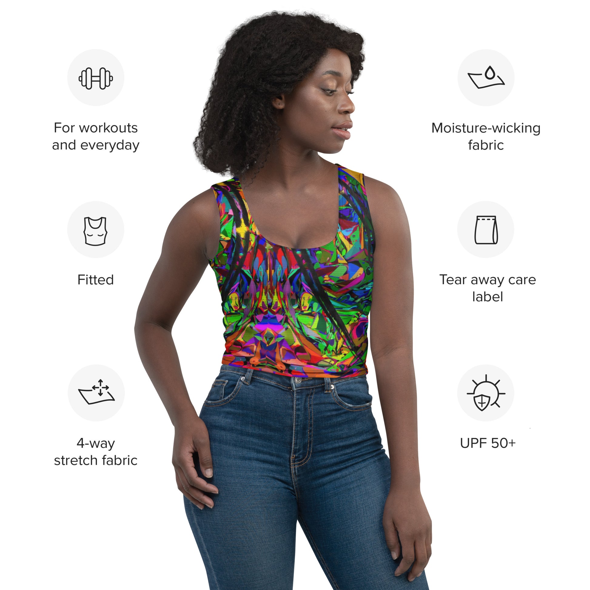Women's Neon Mythos Abstract Crop Top by Hipyfi – Colorful streetwear with bold multicolor print product-info