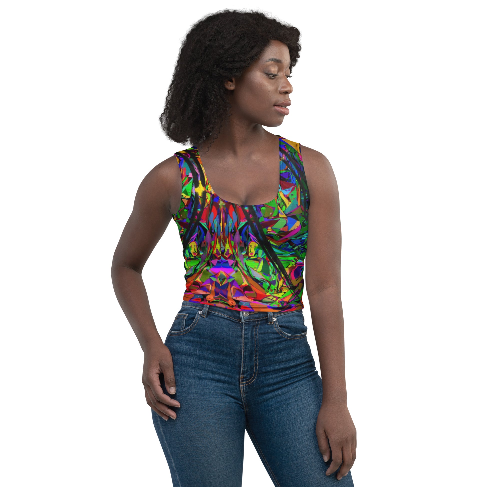 Women's Neon Mythos Abstract Crop Top by Hipyfi – Colorful streetwear with bold multicolor print Front-3