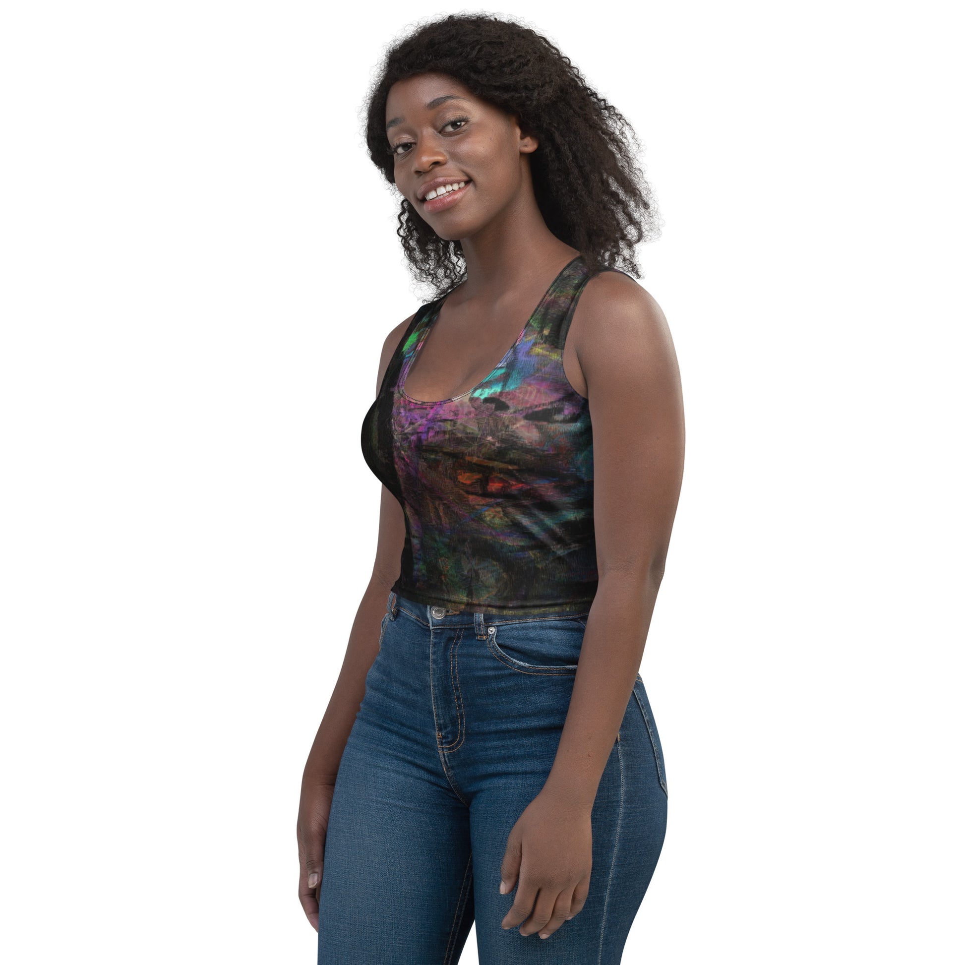 Chromatic Dreams Crop Top with vibrant patterns and abstract art. Features body-hugging fit, four-way stretch fabric, and eco-friendly design by Hipyfi. left-front-2