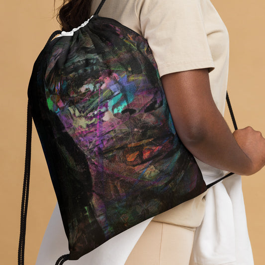 Vibrant abstract art Hipyfi Chromatic Dreams Drawstring Backpack: Unisex gym & travel bag with bold all-over print, sustainably made on-demand. girl front