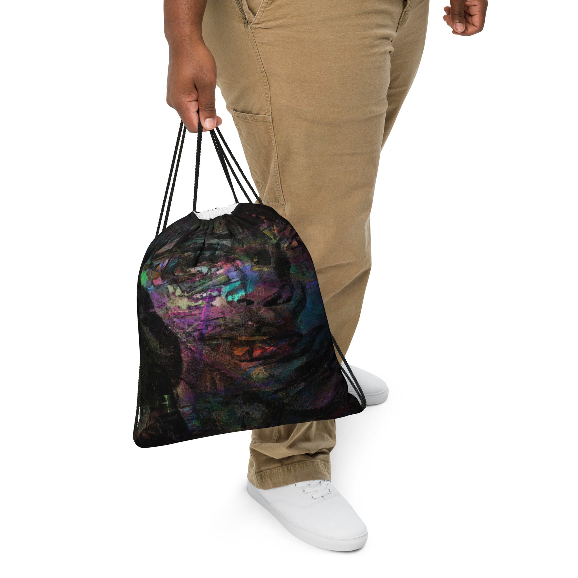 Vibrant abstract art Hipyfi Chromatic Dreams Drawstring Backpack: Unisex gym & travel bag with bold all-over print, sustainably made on-demand. men front