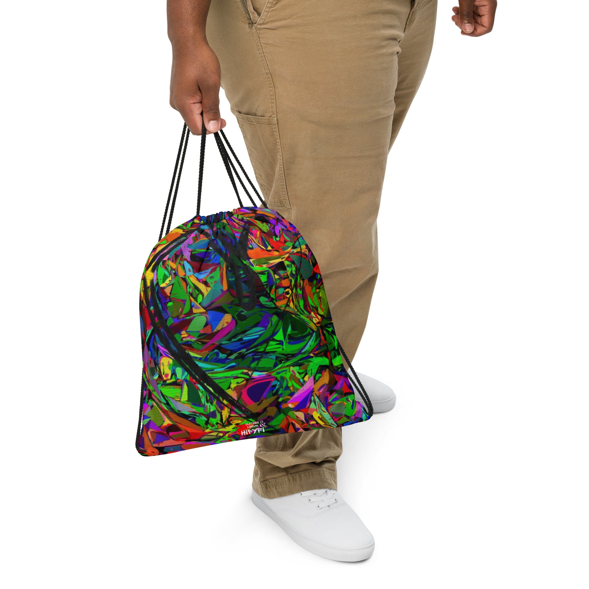 Colorful abstract street art drawstring backpack with neon design by Hipyfi – unisex gym and travel bag Front-3