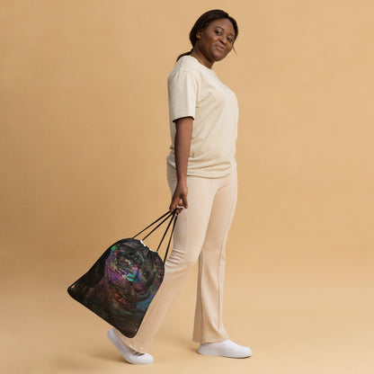 Vibrant abstract art Hipyfi Chromatic Dreams Drawstring Backpack: Unisex gym & travel bag with bold all-over print, sustainably made on-demand. girl front-2