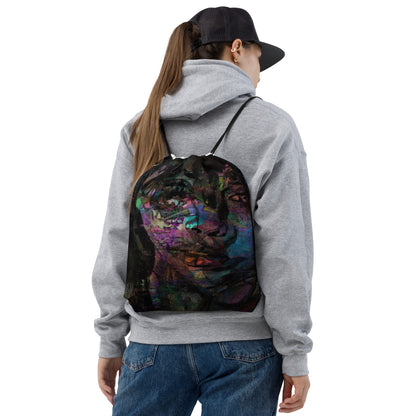 Vibrant abstract art Hipyfi Chromatic Dreams Drawstring Backpack: Unisex gym & travel bag with bold all-over print, sustainably made on-demand. girl front-3