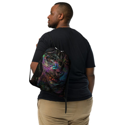 Vibrant abstract art Hipyfi Chromatic Dreams Drawstring Backpack: Unisex gym & travel bag with bold all-over print, sustainably made on-demand. men front-2