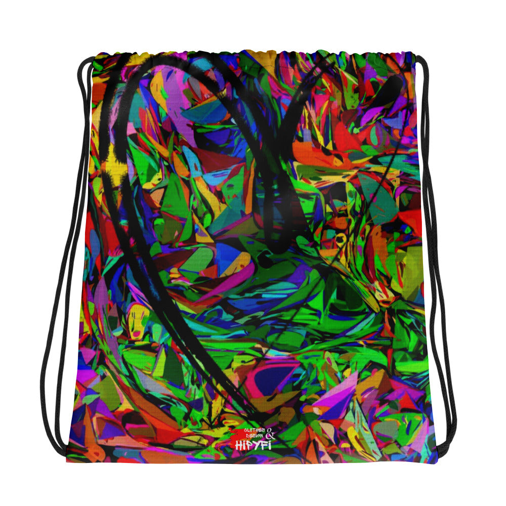 Colorful abstract street art drawstring backpack with neon design by Hipyfi – unisex gym and travel bag Front-5