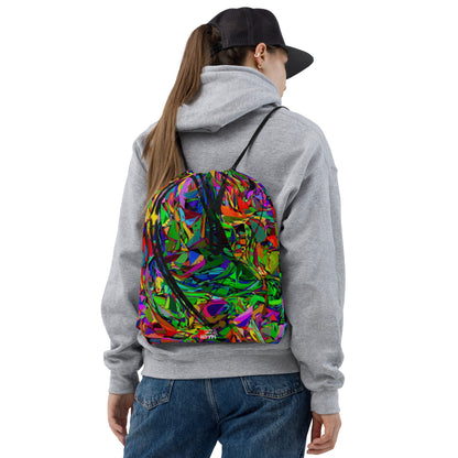 Colorful abstract street art drawstring backpack with neon design by Hipyfi – unisex gym and travel bag Front-4