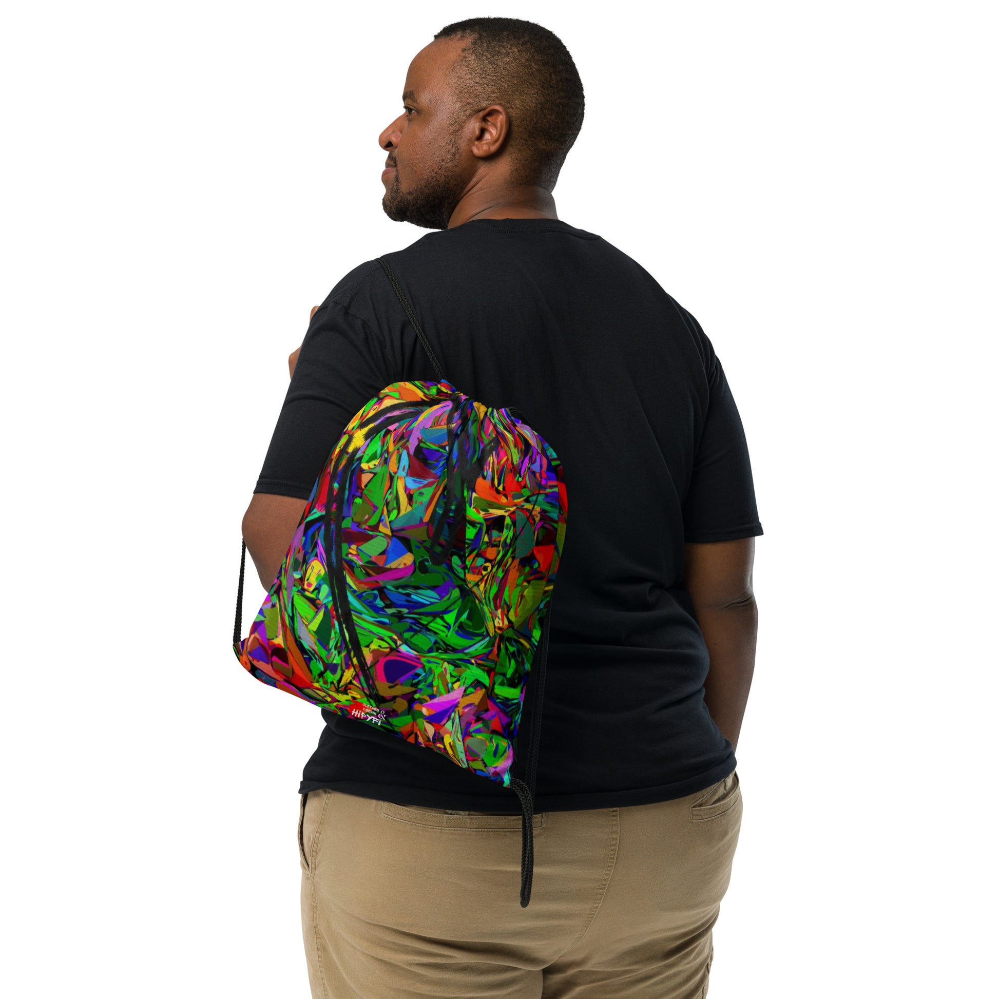 Colorful abstract street art drawstring backpack with neon design by Hipyfi – unisex gym and travel bag Front-5