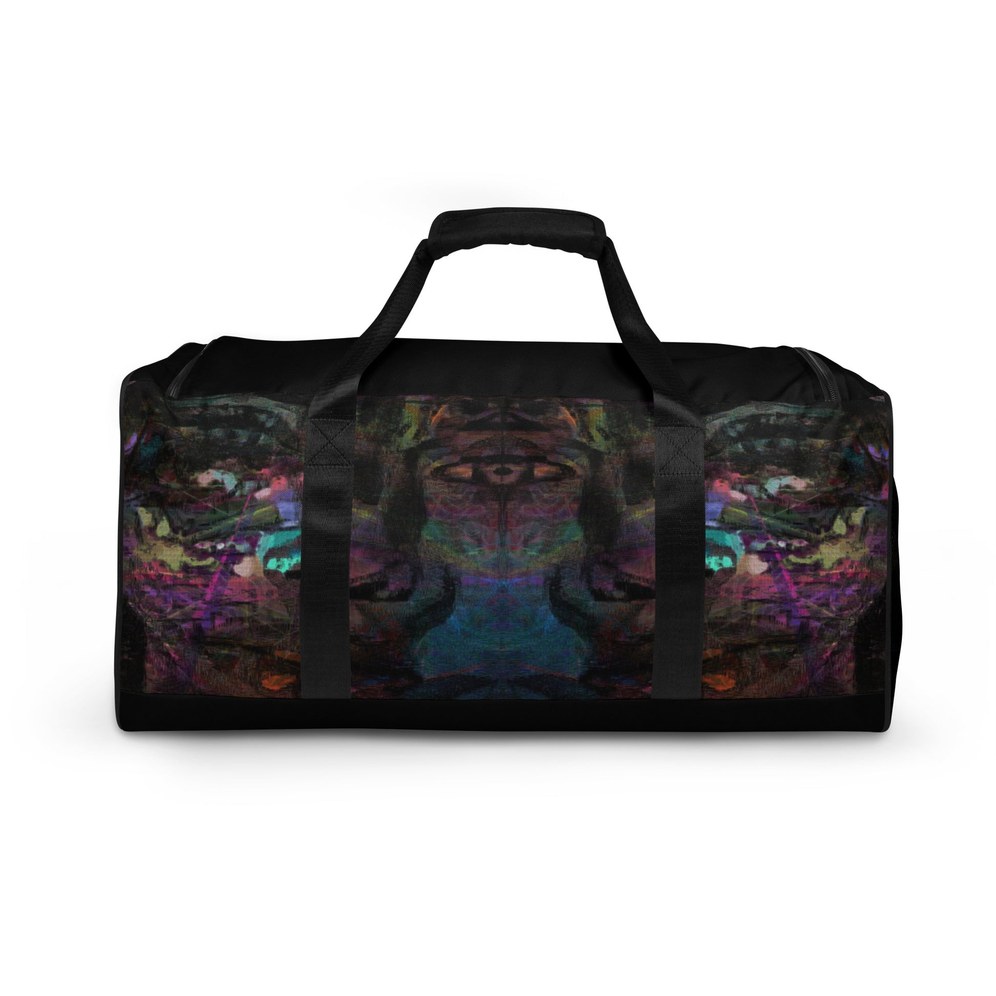Hipyfi Chromatic Dreams Duffle Bag with bold multicolor abstract all-over print, ideal for gym and travel. back