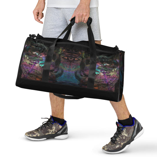 Hipyfi Chromatic Dreams Duffle Bag with bold multicolor abstract all-over print, ideal for gym and travel. Men front
