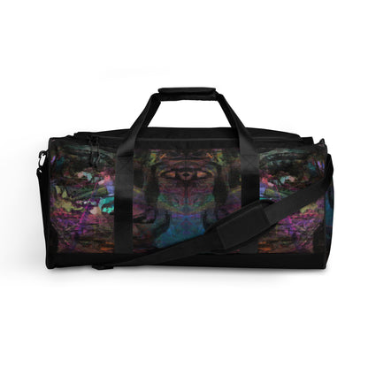Hipyfi Chromatic Dreams Duffle Bag with bold multicolor abstract all-over print, ideal for gym and travel. front