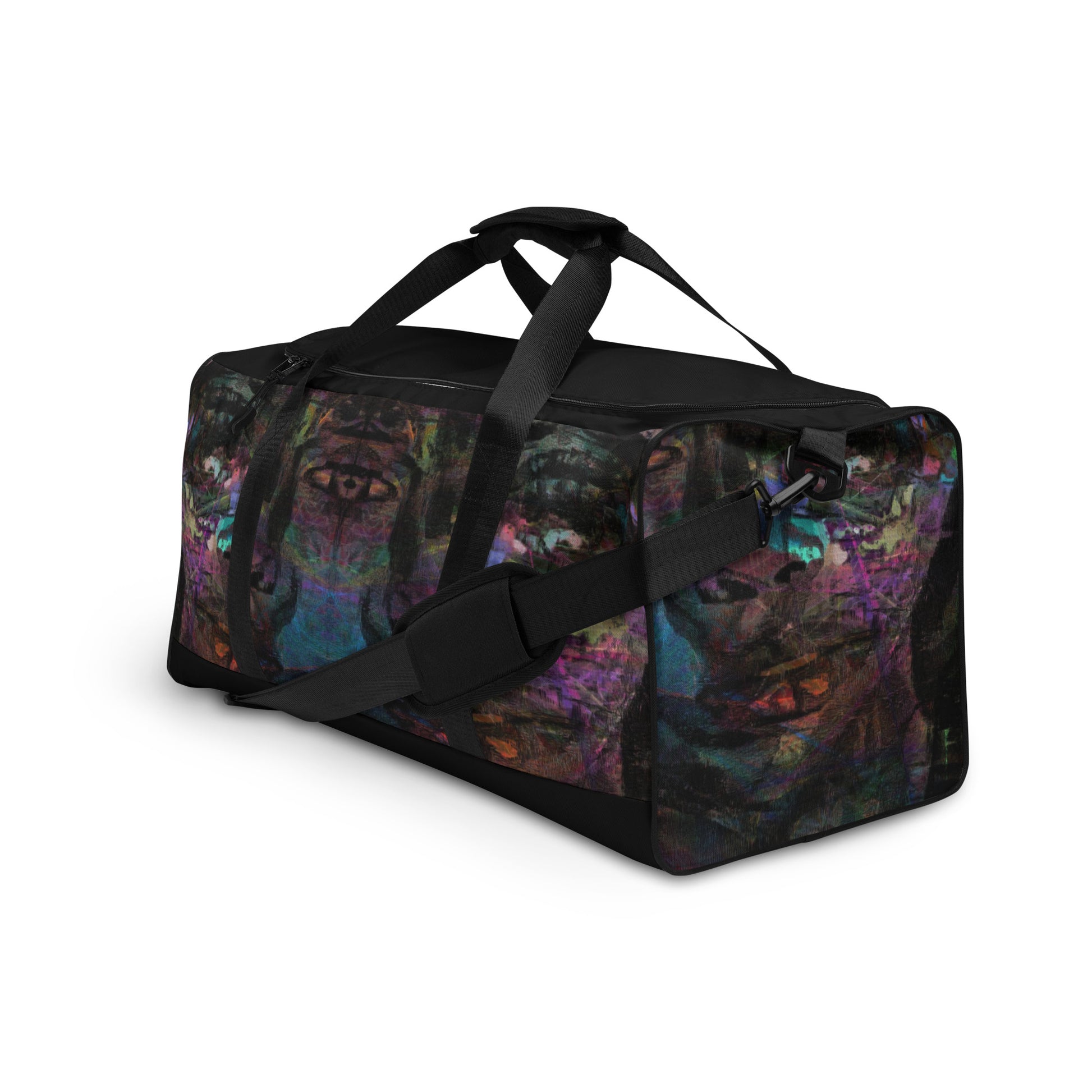 Hipyfi Chromatic Dreams Duffle Bag with bold multicolor abstract all-over print, ideal for gym and travel. left-front