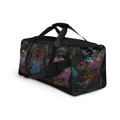 Hipyfi Chromatic Dreams Duffle Bag with bold multicolor abstract all-over print, ideal for gym and travel. left-front