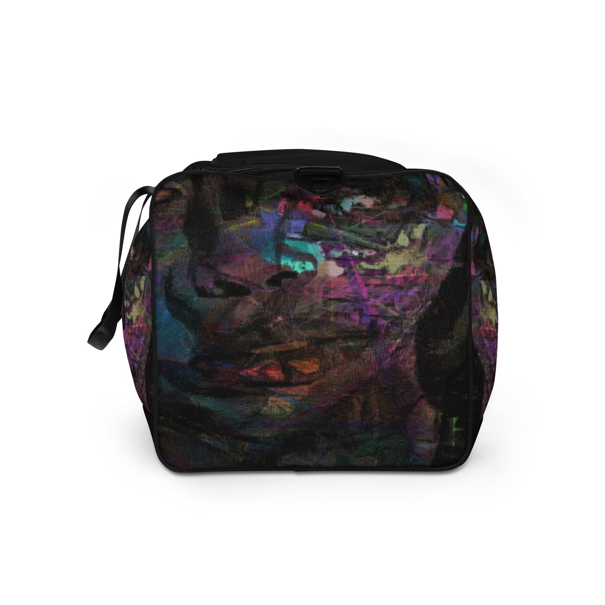 Hipyfi Chromatic Dreams Duffle Bag with bold multicolor abstract all-over print, ideal for gym and travel. left-side