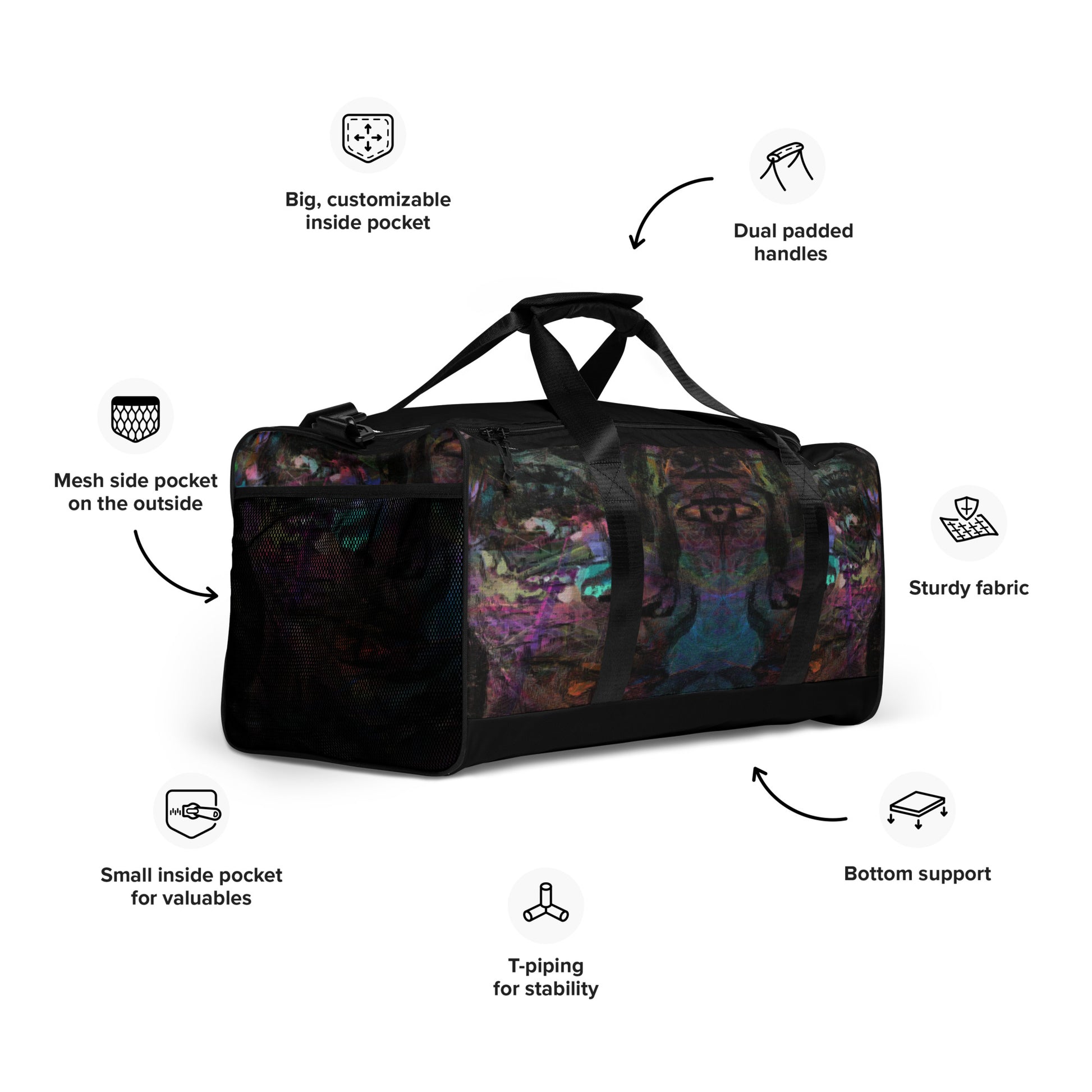 Hipyfi Chromatic Dreams Duffle Bag with bold multicolor abstract all-over print, ideal for gym and travel. Product-info-2