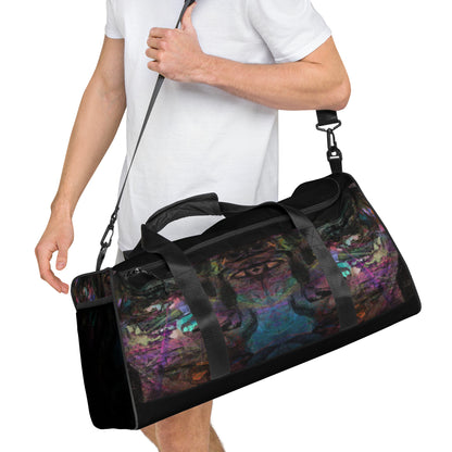 Hipyfi Chromatic Dreams Duffle Bag with bold multicolor abstract all-over print, ideal for gym and travel. Men right-front
