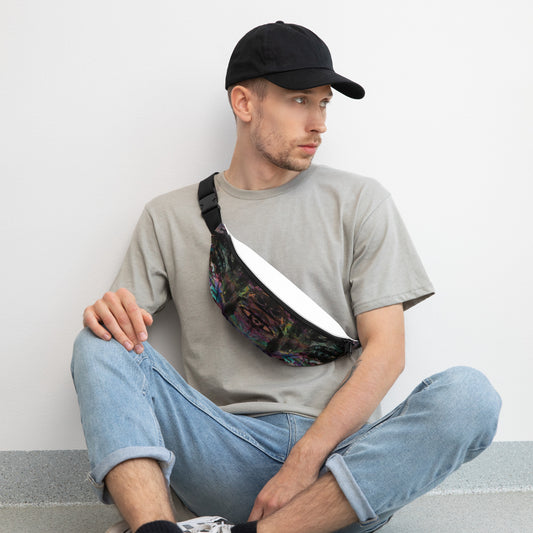 Bold abstract art unisex waist bag in vibrant purple, blue, green, and orange. Adjustable, water-resistant design for festivals, travel, and streetwear. Front