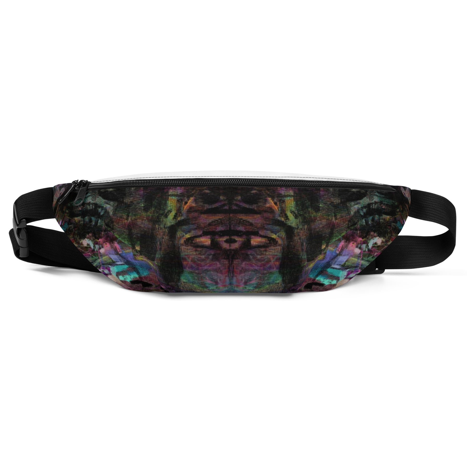 Bold abstract art unisex waist bag in vibrant purple, blue, green, and orange. Adjustable, water-resistant design for festivals, travel, and streetwear. Front-7