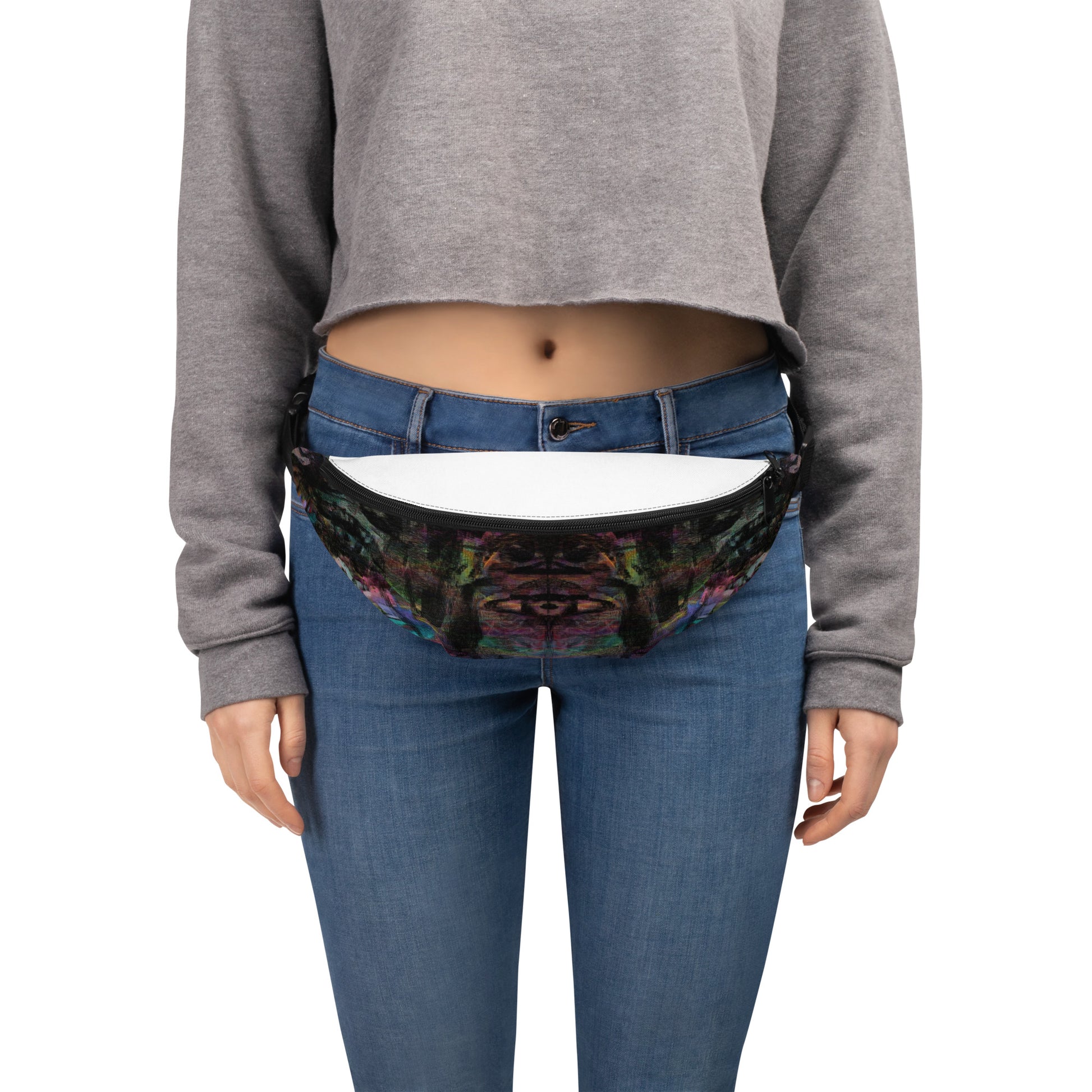 Bold abstract art unisex waist bag in vibrant purple, blue, green, and orange. Adjustable, water-resistant design for festivals, travel, and streetwear. Front-6