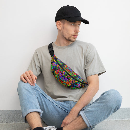 Neon Mythos unisex abstract print fanny pack by Hipyfi – colorful streetwear waist bag with bold neon art design. Front