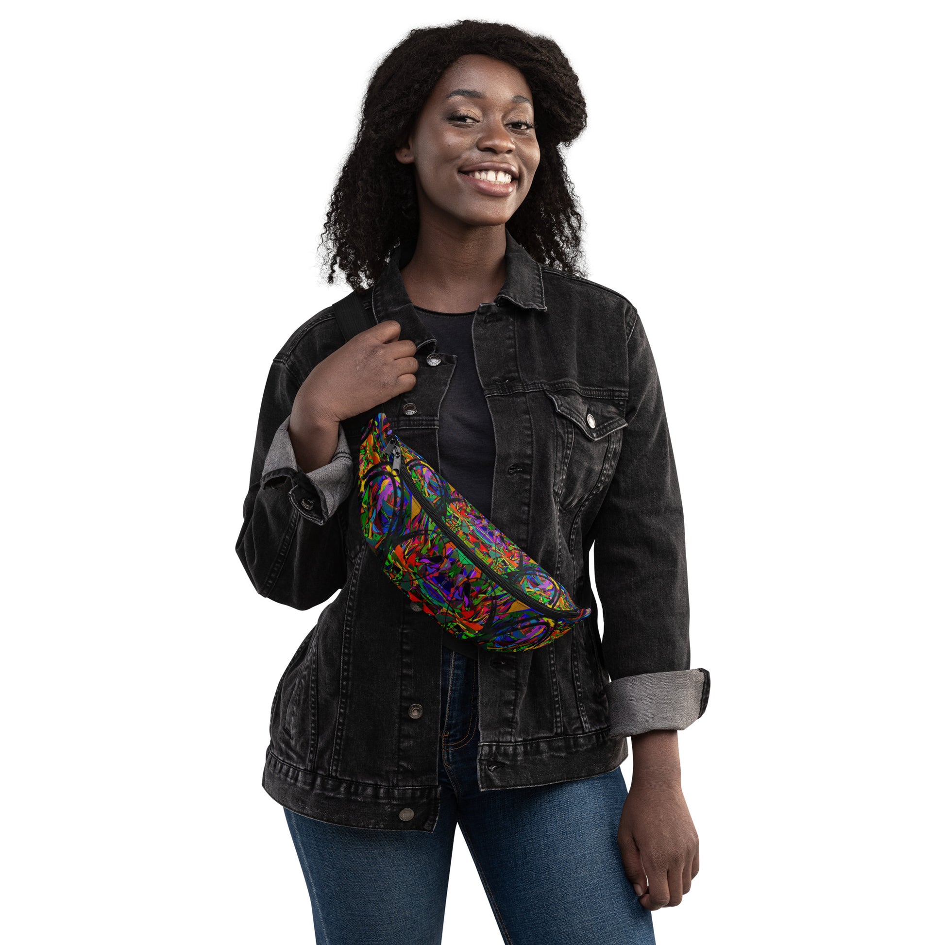 Neon Mythos unisex abstract print fanny pack by Hipyfi – colorful streetwear waist bag with bold neon art design. Front-3
