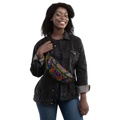 Neon Mythos unisex abstract print fanny pack by Hipyfi – colorful streetwear waist bag with bold neon art design. Front-3