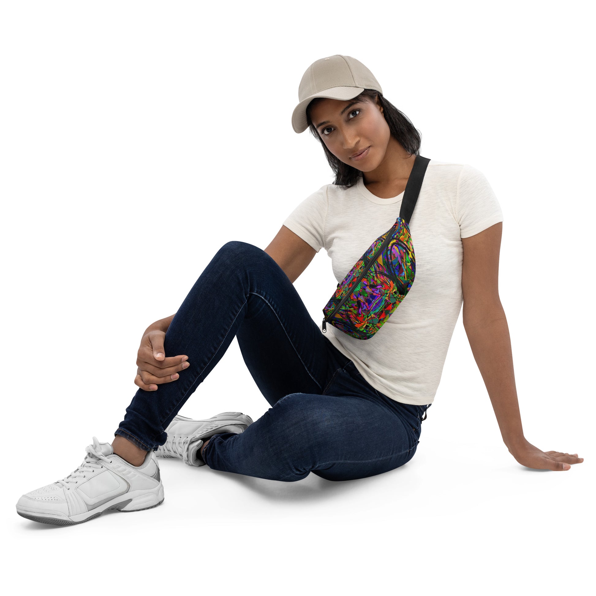 Neon Mythos unisex abstract print fanny pack by Hipyfi – colorful streetwear waist bag with bold neon art design. Front-6