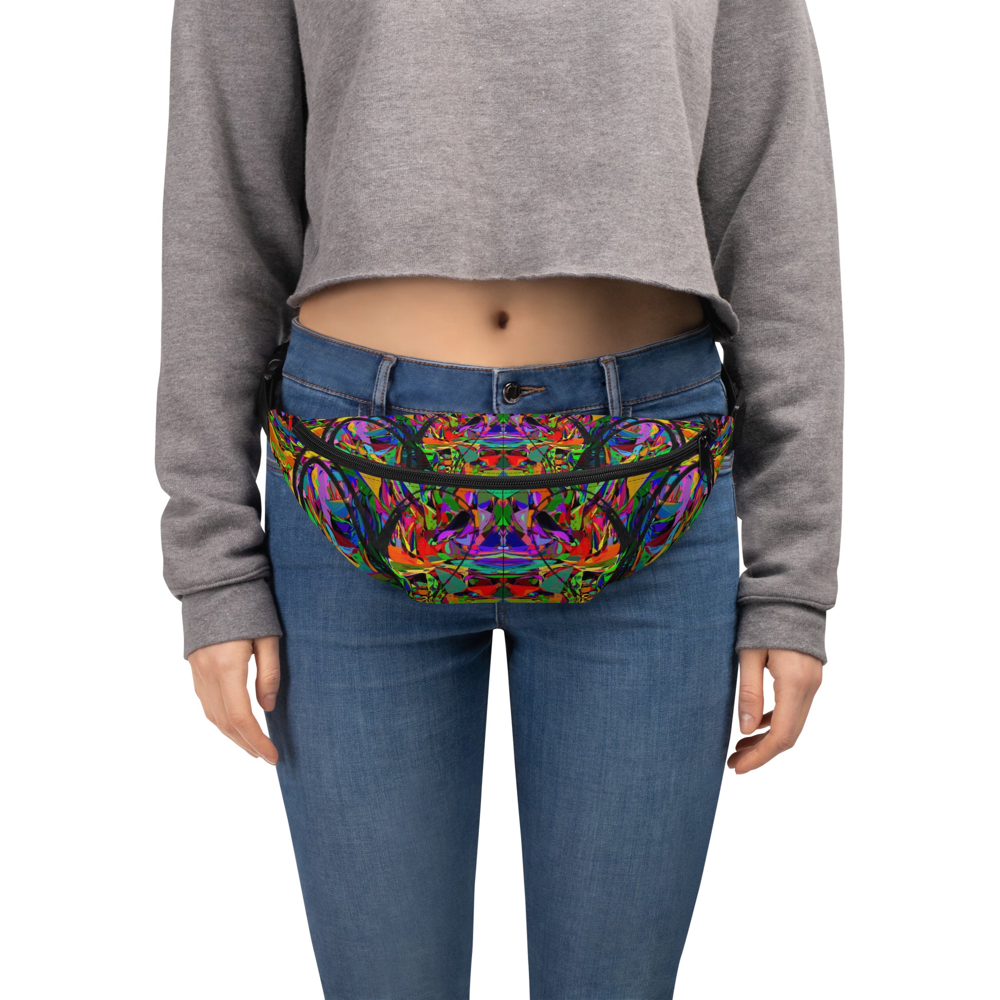 Neon Mythos unisex abstract print fanny pack by Hipyfi – colorful streetwear waist bag with bold neon art design. Front-2
