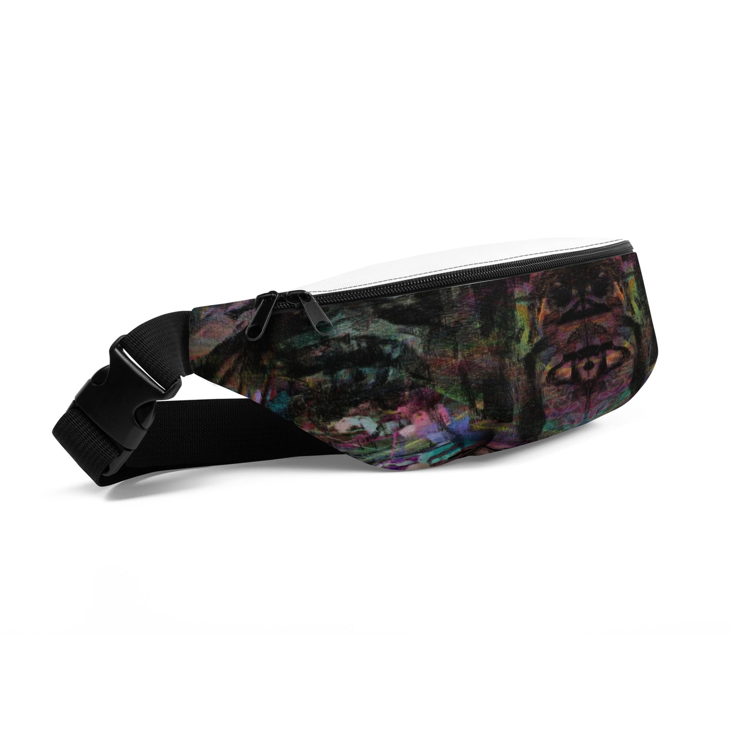 Bold abstract art unisex waist bag in vibrant purple, blue, green, and orange. Adjustable, water-resistant design for festivals, travel, and streetwear. Font-left