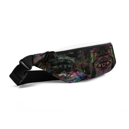Bold abstract art unisex waist bag in vibrant purple, blue, green, and orange. Adjustable, water-resistant design for festivals, travel, and streetwear. Font-left